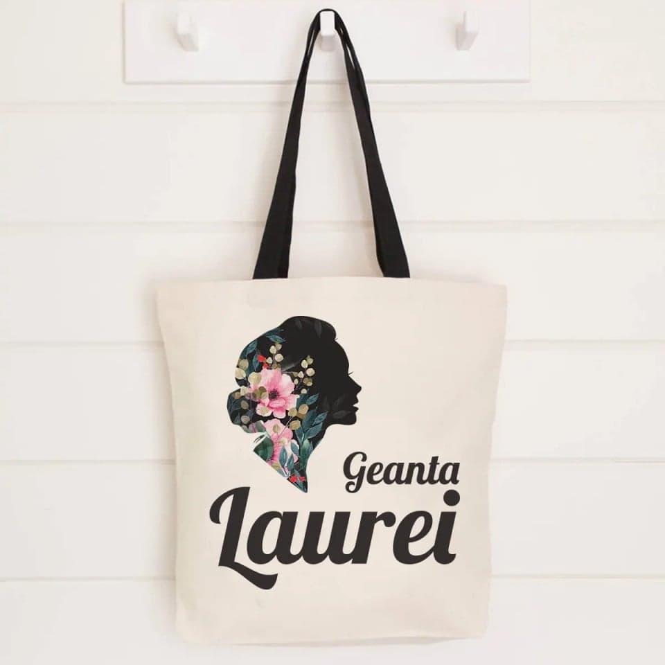 Geantă personalizată cu nume și desen floral
