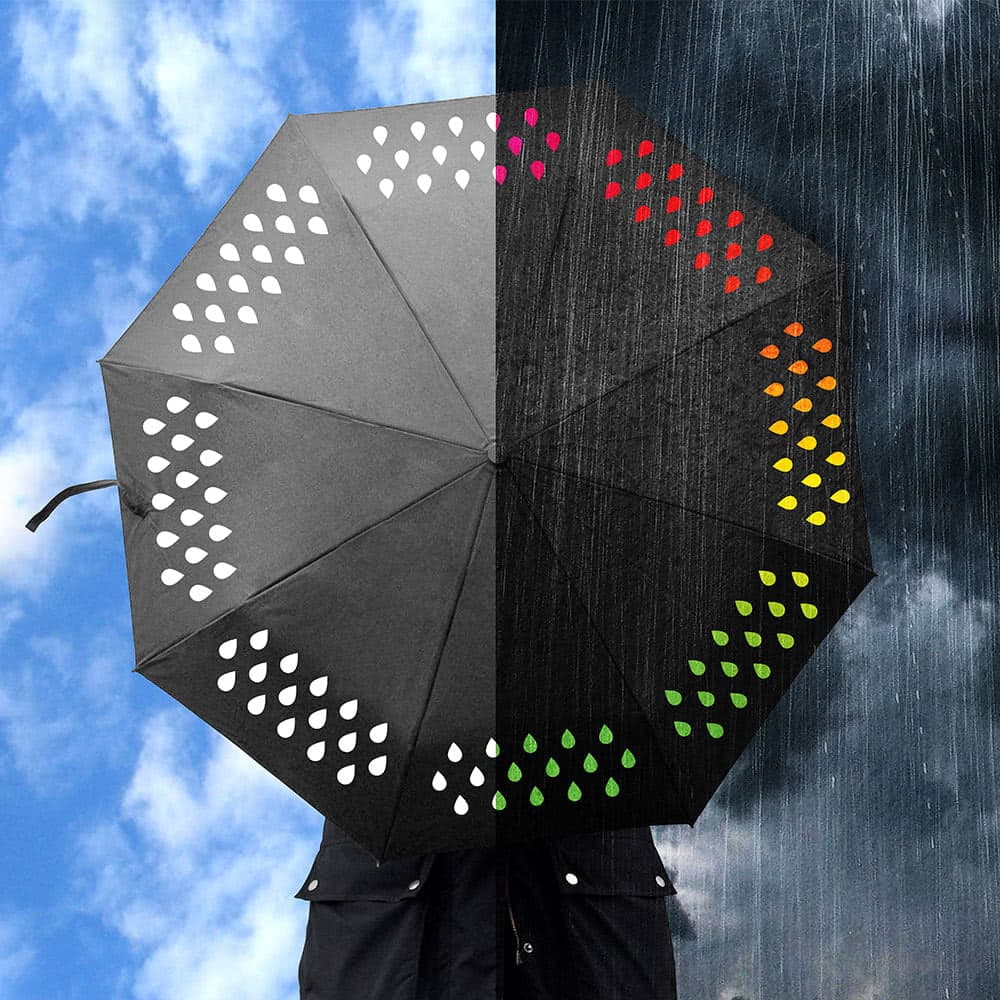 Umbrelă care își schimbă culorile în ploaie