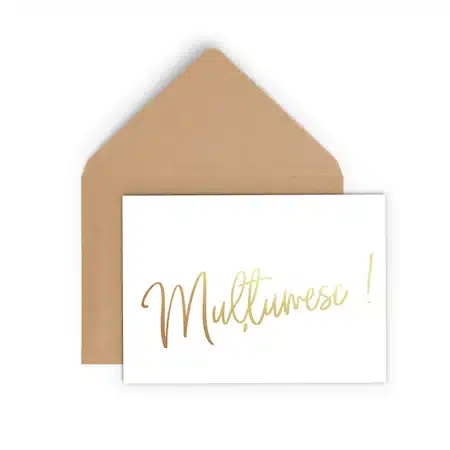 Felicitare cu plic, Multumesc, colaj auriu, caligrafie