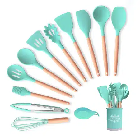 Set 13 ustensile de gatit din silicon, awwaline, maner rezistent din bambus, turcoaz