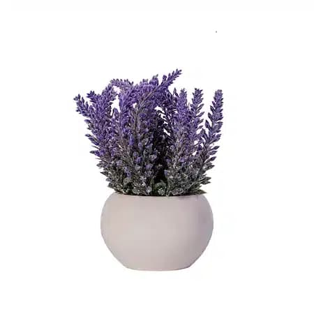 Ghiveci ceramic rotund cu buchet de flori lavanda artificiala, 17 cm