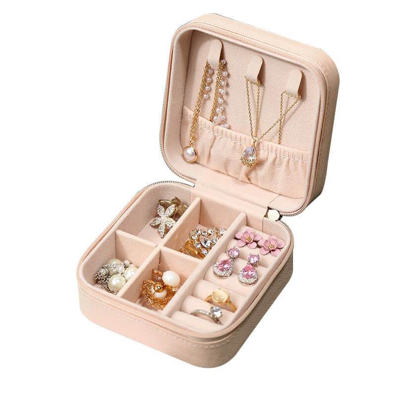 Cutie organizatoare bijuterii, din piele ecologica, roz, 10 x 10 x 5 cm