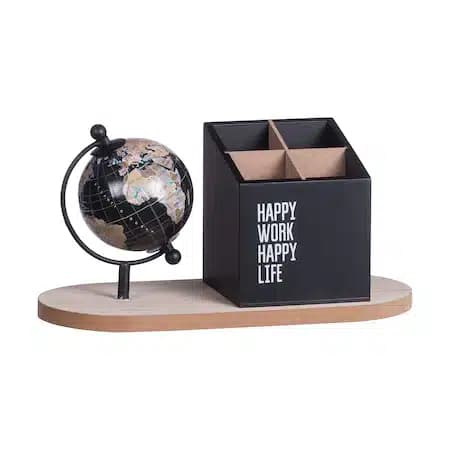 Suport pentru pixuri din lemn cu glob pamantesc „Happy Work, Happy life”