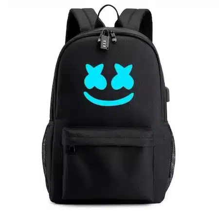 Rucsac smart multifunctional, cu port USB, cifru, imprimeu fosforescent marshmello, negru
