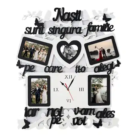 Tablou cu 5 rame foto si ceas , personalizat, pentru nasi, lemn