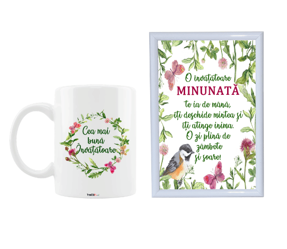 Set cadou personalizat, cana "Cea mai buna invatatoare" si rama foto cu mesaj, 10 x 15 cm