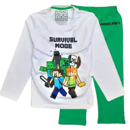 Pijama Minecraft pentru baieti, maneca lunga, alb/verde
