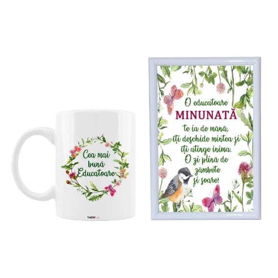Set cadou personalizat pentru educatoare, cana "Cea mai buna educatoare" si rama foto cu mesaj, 10 x 15 cm