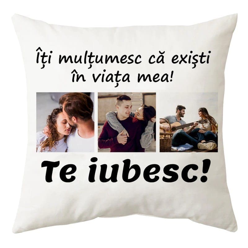 Perna personalizata patrata alba, model "Iti multumesc ca existi in viata mea"