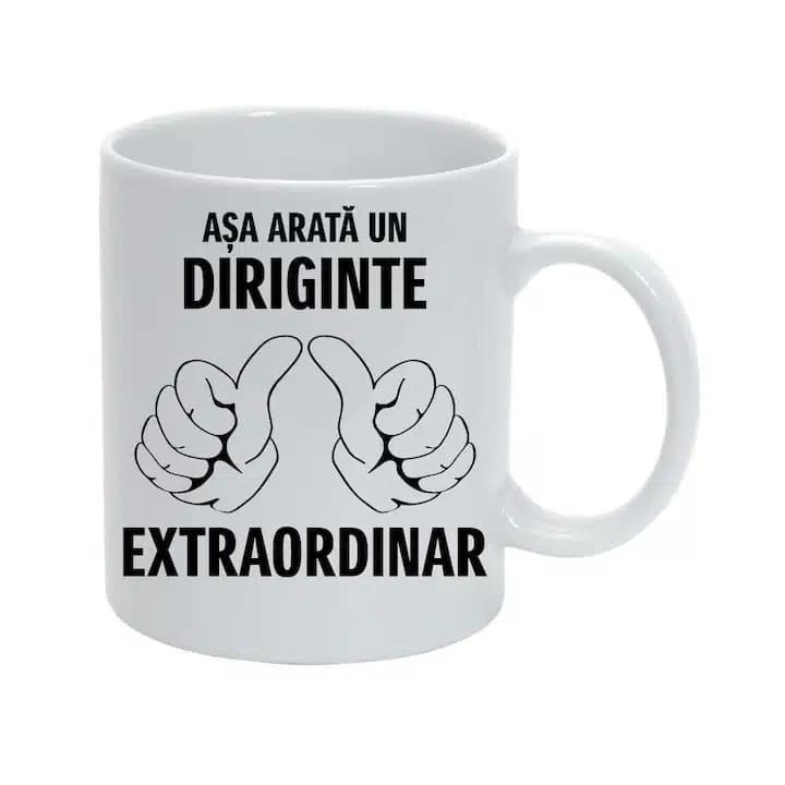 Cana personalizata cu mesaj "Asa arata un diriginte extraordinar", Vlatud, ceramica, alb, 330ml