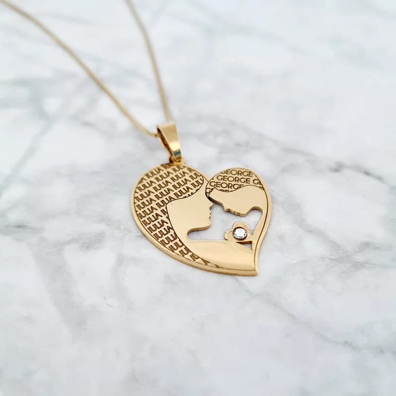 Lantisor inima - mama si fiu - argint 925 placat cu aur, cristal Swarovski