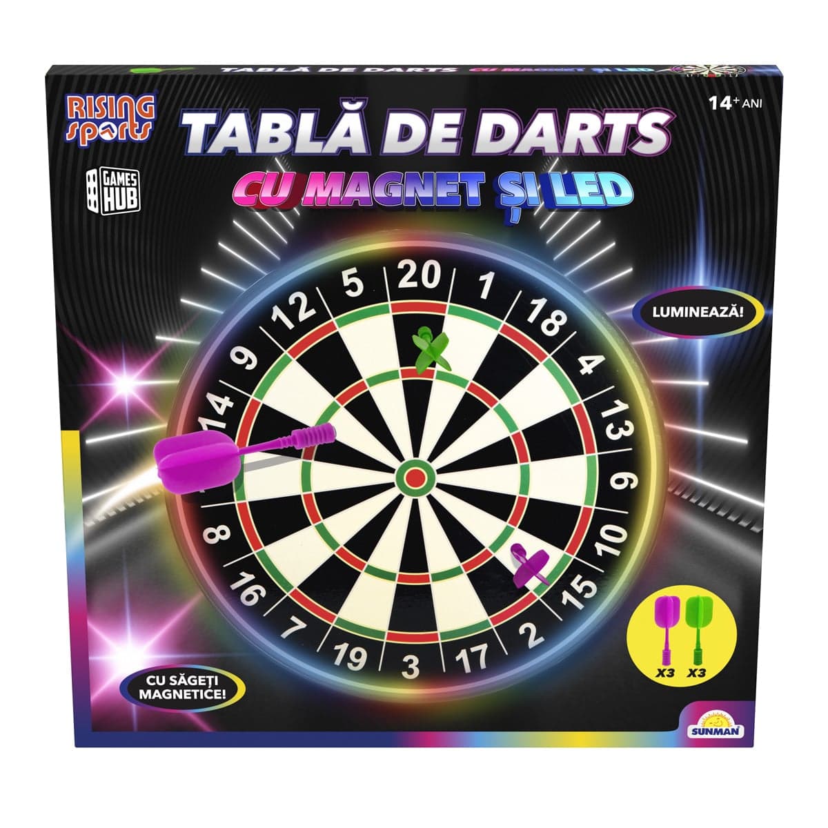 Tabla de darts cu magnet si lumini LED, rising sports, 41 cm