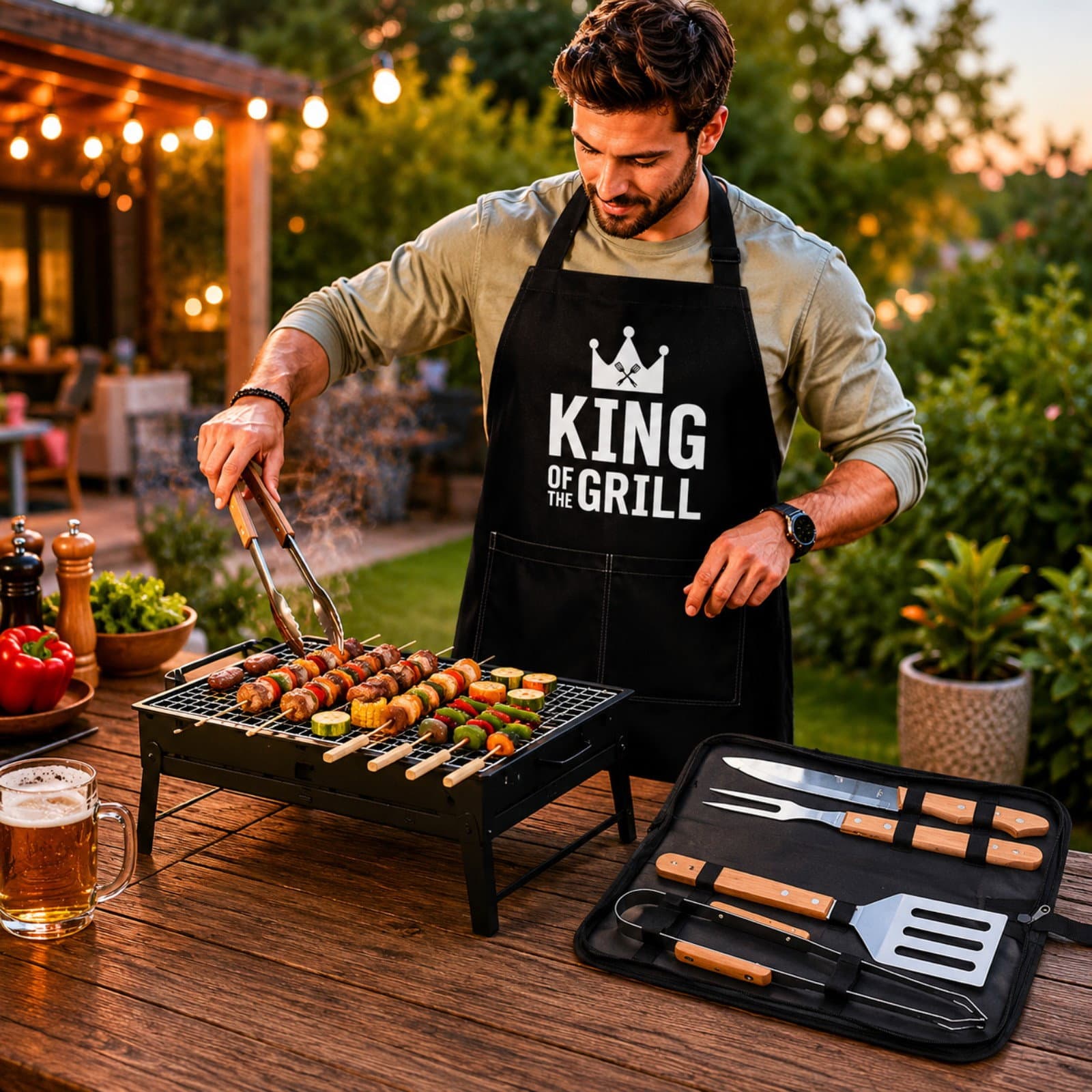 Set cadou pentru barbati king of the grill cu gratar portabil, sort si accesorii BBQ