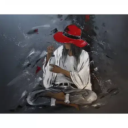 Tablou canvas „Fata cu pălărie roșie”, 60 x 45 cm, cu ramă din lemn