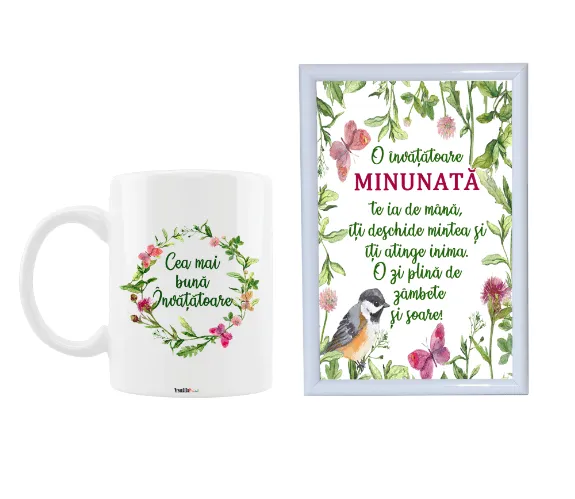 Set cadou personalizat cu cană „Cea mai bună învățătoare” și ramă foto cu mesaj