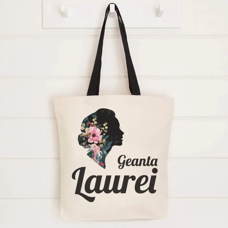 Geantă personalizată cu nume și desen floral