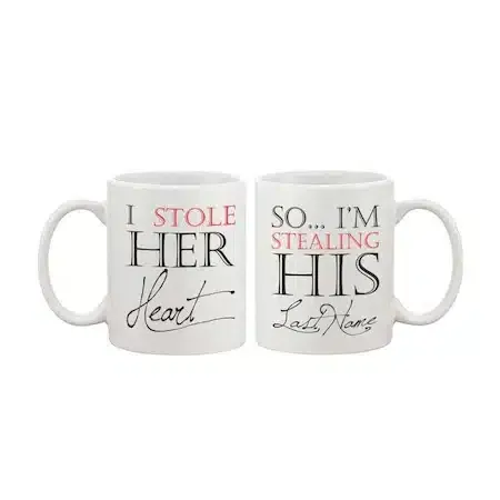 Set de 2 căni albe personalizate pentru cuplu, 330 ml