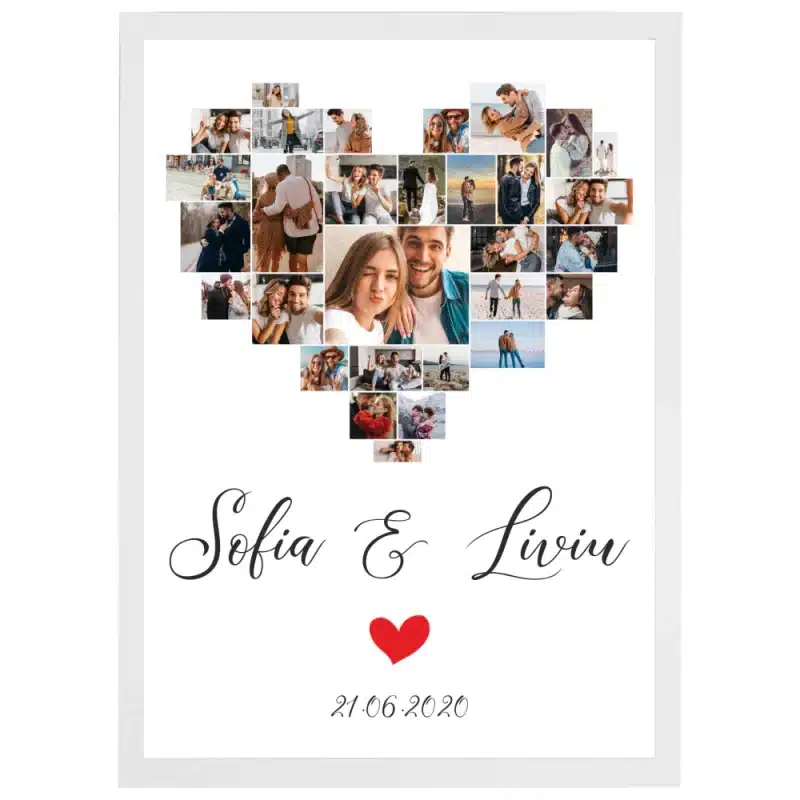 Tablou personalizat, inimioara cu 30 poze, din lemn natural, cadou pentru iubit/iubita