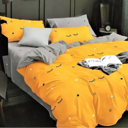 Lenjerie de pat din bumbac gros, 2 persoane, 6 piese, galben