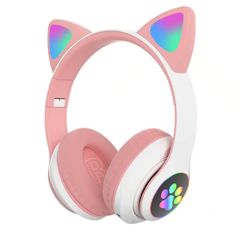 Casti wireless pliabile, Urechi de pisica, Bluetooth 5.0, Handsfree, HiFi, Bass Stereo, LED, TF, Alb/Roz
