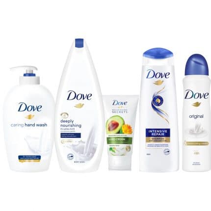 Set cadou Dove: sapun + gel de dus + crema de maini + sampon + spray